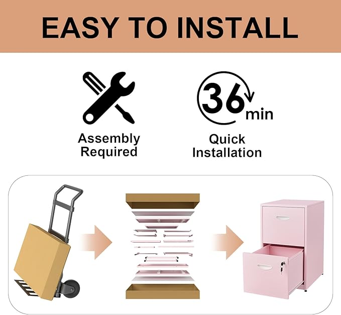 Polup Pink Under Desk File Cabinet, 2 Drawer Locking Cabinet for Home Office, Letter Size - Assembly Required