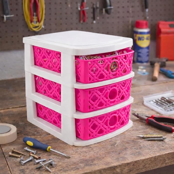 3 Drawer Basket Weave Mini Plastic Organizer Makeup HBA Cosmetics Arts & Crafts Desktop Stationary (Dark Pink)