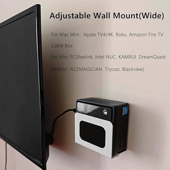 Adjustable Cable Box Mount Small Modem Wall Mount for Small Wide Media Devices Like Cable Boxes, Modems,DVD Players, Beelink Mini PC, Apple TV, Mac mini,Roku and More(Wide)