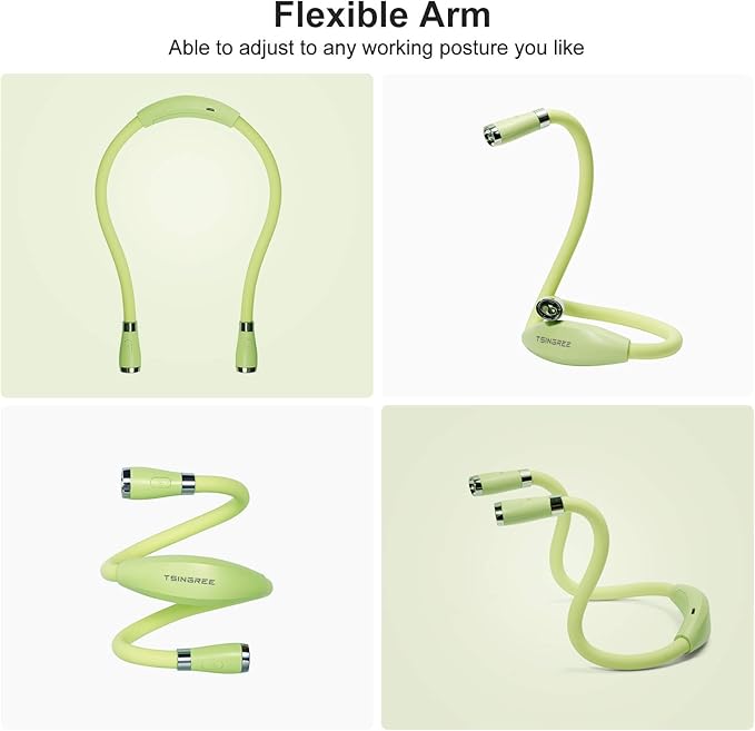 LED Neck Book Light, Reading Light, USB-C Rechargeable, Hands Free, 4 Super Bright LED Bulbs, 3 Adjustable Brightness, Best for Reading in Bed, Knitting, Walking, Jogging, Mending (Green)