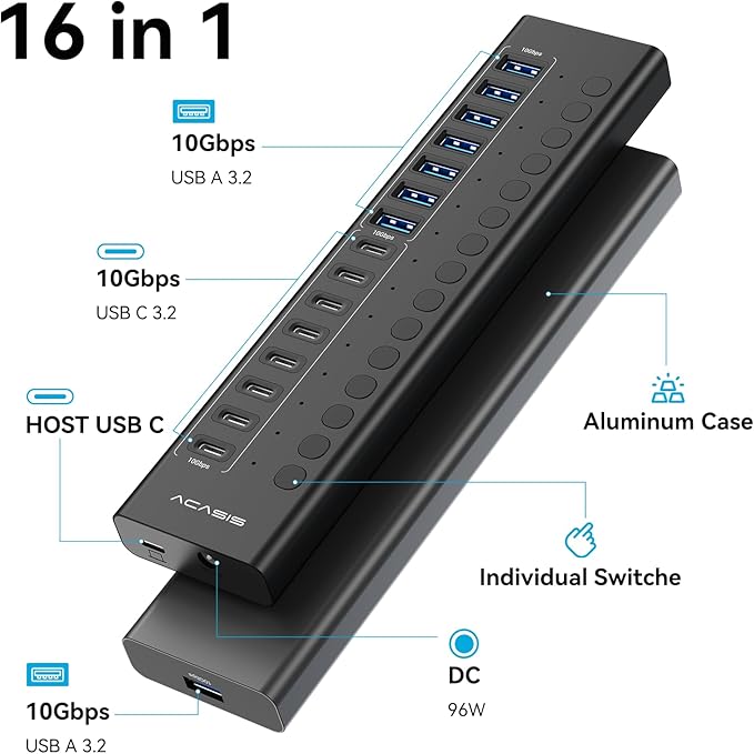Powered USB 3.2 Hub, ACASIS 16 Ports USB 3.2 Hub(8 USB-A 3.2 Ports+8 USB-C 3.2 Ports), Aluminum USB Hub Powered with 96W Power Adapter, USB Hub for PC/Laptop, Computer, Flash Drive, Printer, Camera