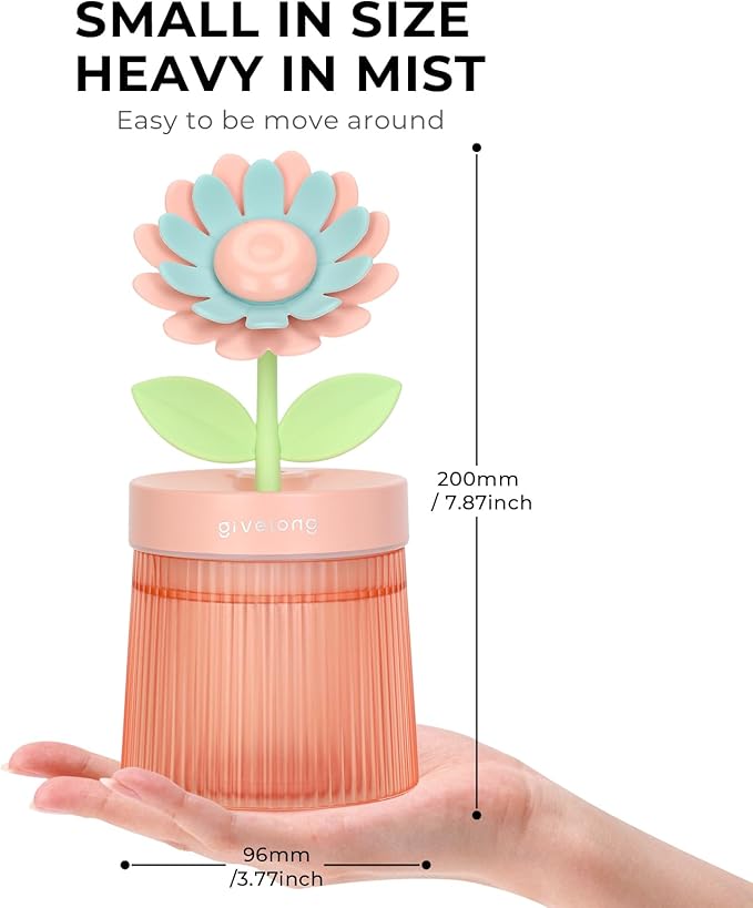 Sunflower Small Humidifier for Plant, Cool Mist Mini Humidifiers for Bedroom, Desk Personal Humidifiers with Diffuser for Indoor Office Car, Portable Humidifier for Travel - Pink 260ml