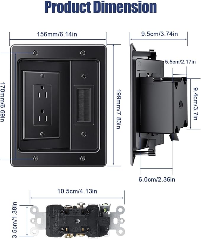 ZEXMTE in Wall Cable Management Kit, Wall Cable Concealer Kit for TV, Recessed Outlet for Low Voltage Cables, Cord Hider Fits All Plugs for Wall Mounted TV & Cable Pass Through, Black