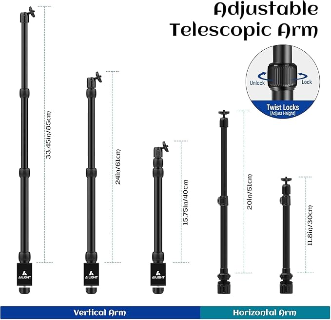 Ailight Overhead Camera Mount Desk Stand, 15.75"-33.45" Webcam Mount with 2-Section Adjustable Telescopic Boom Arm, C Clamp/Swiveling Ball Head for DSLR Camera, Ring Light, Webcam