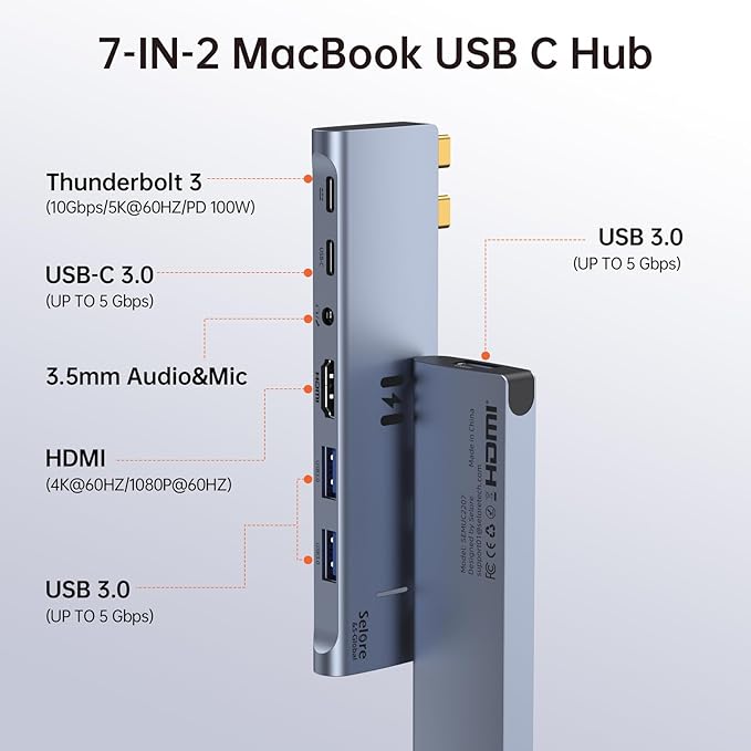 USB C Adapter HDMI Hub for MacBook Pro/Air M1 M2 M3 2024 2023 13" 15" 16",Mac USB Adapter 7-in-2, MacBook Accessories with HDMI,Thunderbolt 3, USB C and 3 A 3.0 Data Ports, 3.5mm Audio