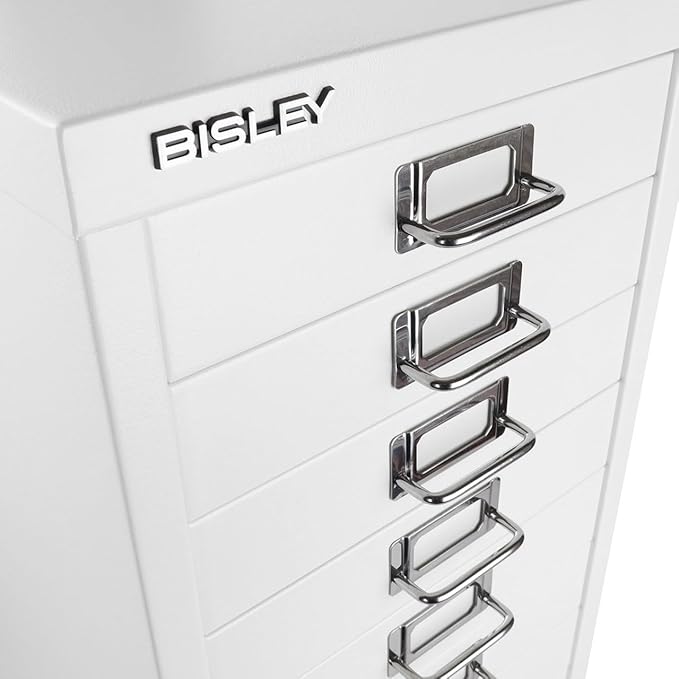 Bisley 10-Drawer Steel MultiDrawer Cabinet - Traffic White, Chrome Pull Handles with Label Holders, Powder-Coated Steel, Removable Drawers, Fits Under Most Desks, Labels Included