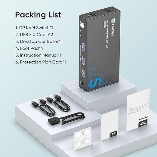 Hearvo USB 3.0 DisplayPort KVM Switch 1 Monitor 2 Computers, 8K@60Hz DP KVM Switch for 2 Computers Sharing Monitor Keyboard Mouse Printer, with EDID Adaptive, 2 USB Cables and Controller - S7230P