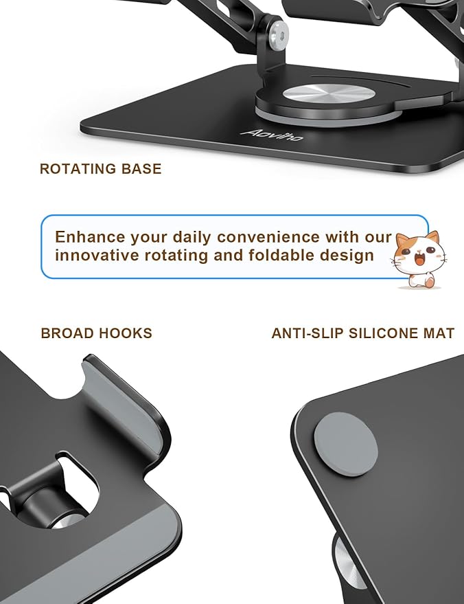 Aoviho Tablet Stand 360° Rotating Aluminum Holder, Adjustable, Portable and Foldable Monitors Stand for iPads, Compatible with 4-12.9" Tablets, Ink Black