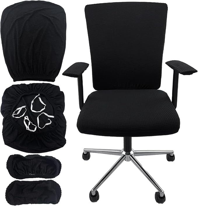 4Pcs Office Chair Covers Stretchable Set Desk Chair Cover Computer Chair Cover with 4 Non-Slip Elastic Straps Protective Armrest Slipcovers Pads Backrest Cushion for Rotating Chair (Black)