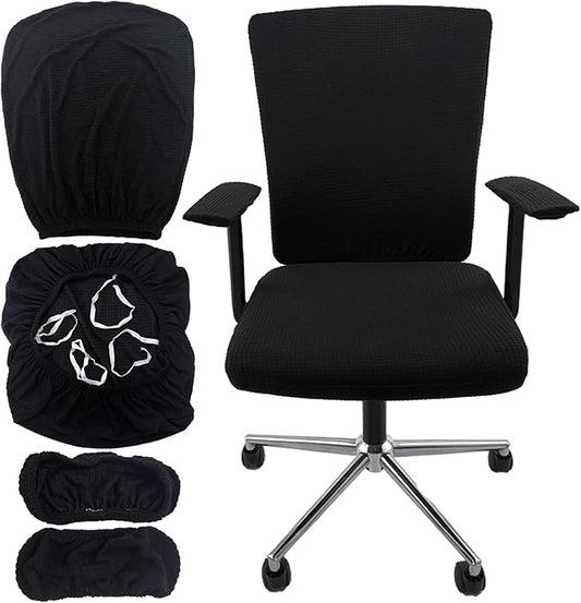4Pcs Office Chair Covers Stretchable Set Desk Chair Cover Computer Chair Cover with 4 Non-Slip Elastic Straps Protective Armrest Slipcovers Pads Backrest Cushion for Rotating Chair (Black)