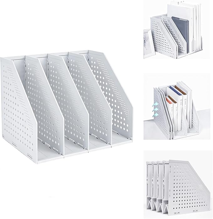 Marte Vanci Collapsible Magazine File Holder with 4 Vertical Compartments, Binder Holder for Desk, Desktop Binder Organizer for Notebook, Documents, Book, School Office Supplies(Light Gray)