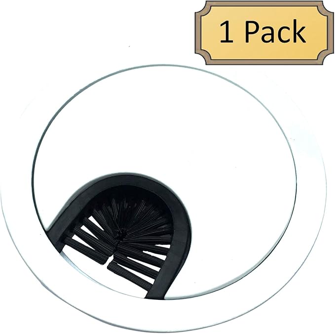 Gloss White Metal Cable Grommet | 2 Piece "Lock in" Feature with "Brush" Opening for Management of Office & Computer Desk Wires | 60mm (2 3/8") Hole Opening | 1 Pack