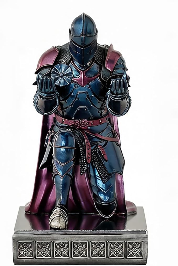 Medieval Armored Warrior Wearing Outerwear, Mobile Phone Stand Knight Pen Holder Desk Organizers, Resin Bookends Paperweight with a Letter Opener for Desk (Blue&Purple)