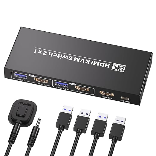 8K60Hz 4K120Hz HDMI KVM Switch 1 Monitor 2 Computers, 2 Port KVM Switch for Controlling 2 PCs with 1 Monitor, Keyboard and Mouse, 4 Port USB 3.0 for Peripheral