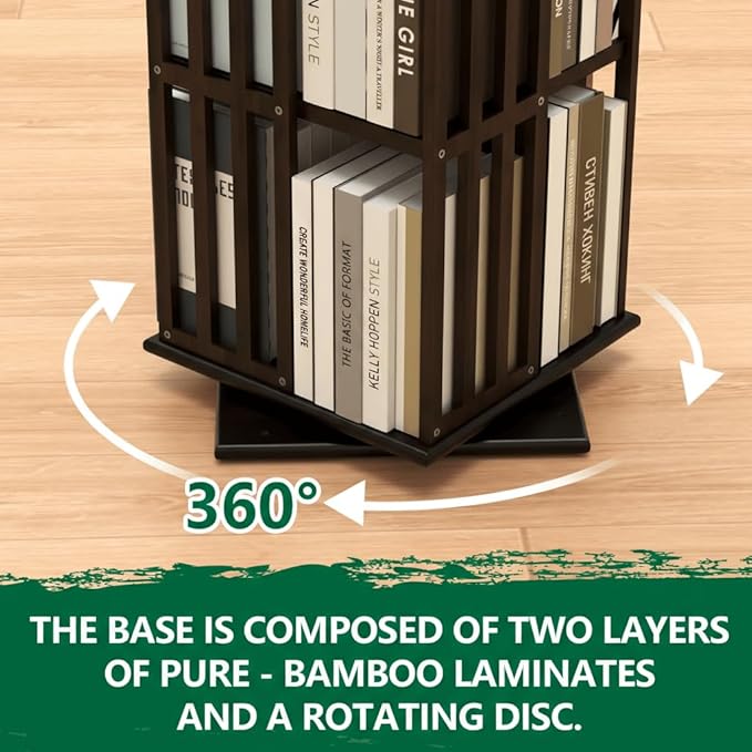Lauxery Rotating Bookshelf– 6 Tier 360° Bamboo Revolving Bookcase, Spinning Corner Bookshelf, Space-Saving Book Shelf Tower for Small Spaces, Home Office, Living Room Vertical Storage– Black