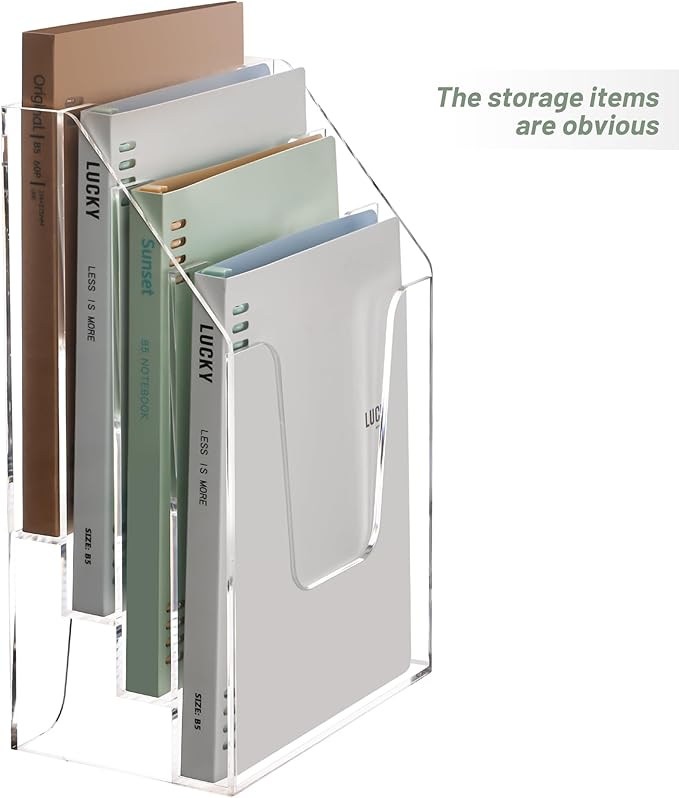YUXUN Vertical Triple File Folder Holder Organizer,Acrylic File Organizer, File Sorter Clear Crystal