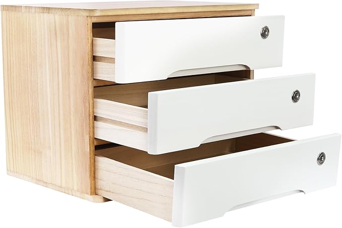 Wood Desk Organizer with 3 Drawers, Lockable Desktop Countertop Storage Cabinet for Home Office Supplies File Tabletop Organizing Unit, 15.75" x 11.02" x 12.2" (Wood)
