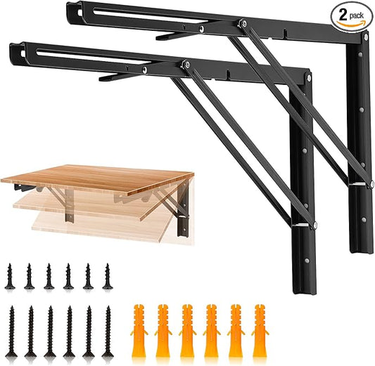 JOY DECOR 22 Inch Heavy Duty Folding Shelf Brackets, 2 Pack (1 Pair) Collapsible Wall Mounted Brackets for Fold Down Table, Stainless Steel Folding Table Hinge, Matte Black