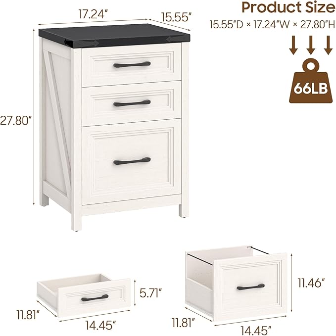 Vabches 3 Drawer Vertical File Cabinet, Wood Farmhouse Filing Cabinet Fits A4/Letter Size, Under Desk Small File Cabinets Printer Stand with Storage for Home Office, White and Black