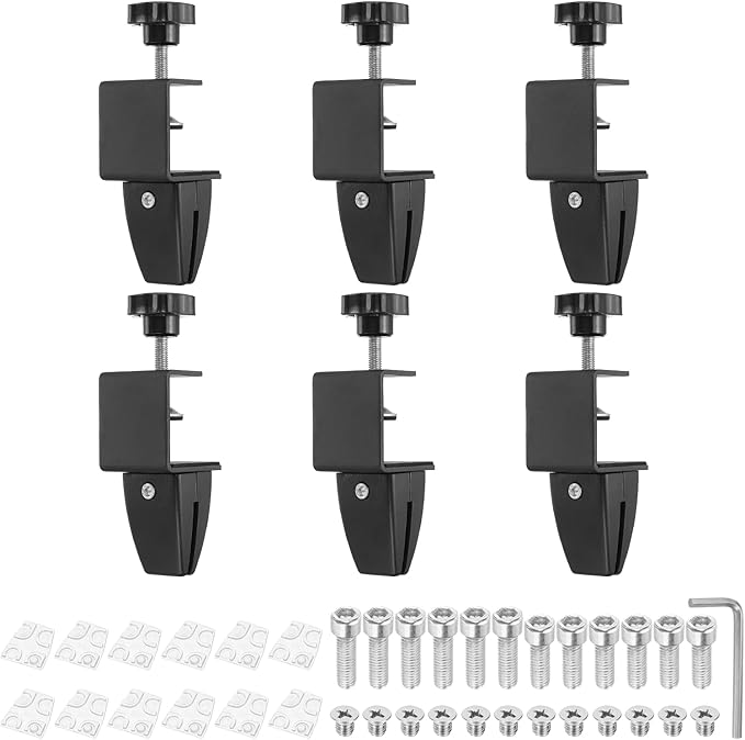 PATIKIL 6 Pcs 1/8" to 1/2" Adjustable Desk Divider Partition Clips, Aluminum Sneeze Guard Support Clamps Desktop Divider Clips for Offices Stores,Counter Privacy Panel,Black