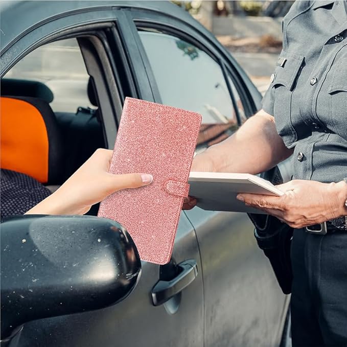 TILDOSAC 2 Ppack Leather Car Registration and Insurance Card Holder, Car Document Holder for Cards License with Magnetic Shut(Glitter Pink-Ear