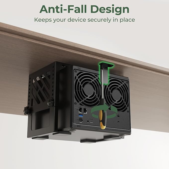 Under Desk Mount Holder for NAS, Mini PC, CPU, UPS, DVD, Label Printer, SFF Desktop Tower, Xbox Series S, Xbox One S/X, Xbox 360, PS4 Slim/Pro, Adjustable Height Under Desk PC Mount with Cable Straps