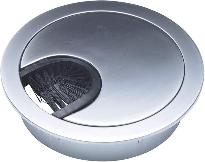 Matte Chrome Metal Cable Grommet | 2 Piece "Lock in" Feature with "Brush" Opening for Management of Office & Computer Desk Wires | 60mm (2 3/8") Hole Opening | 1 Pack