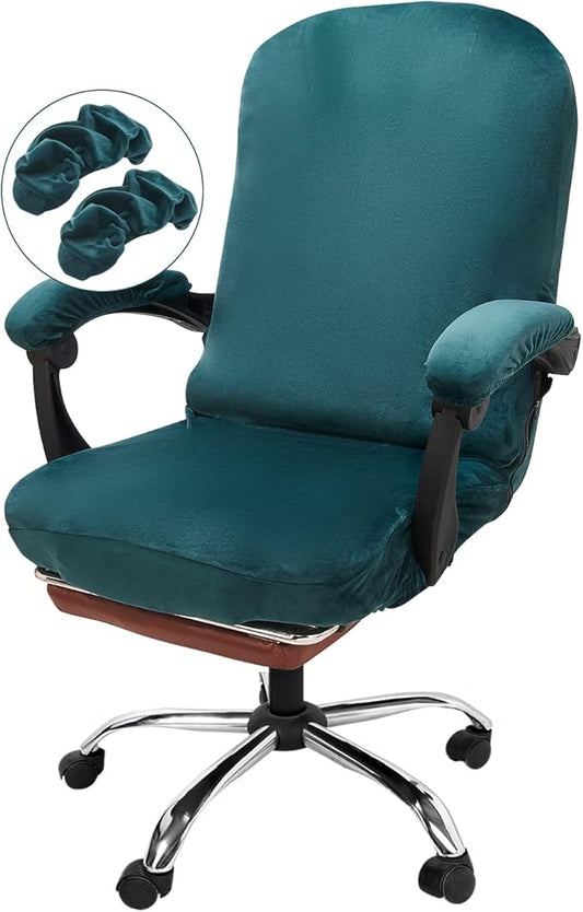 NeColorLife Velvet Office Chair Cover with Armrest Covers - Stretchable High Back Desk Computer Chair Slipcover for Large Rotating Boss Chairs (Large,Lake Blue)