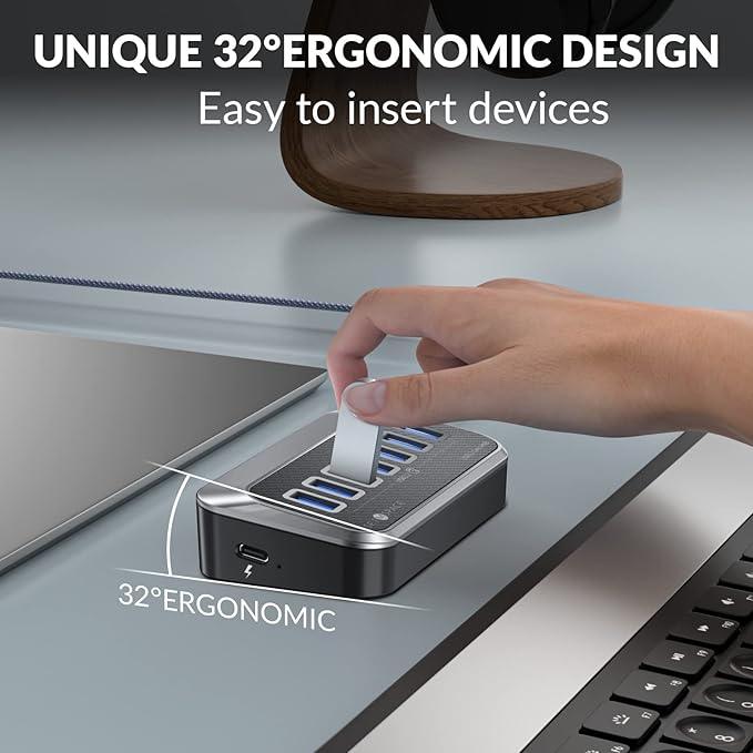 7-Port USB Hub, USB 3.2 Gen1 Hub with 7 USB 5Gbps Data Multiports, Unique 32° Easy Plug, USB Splitter for PC- 3.28ft