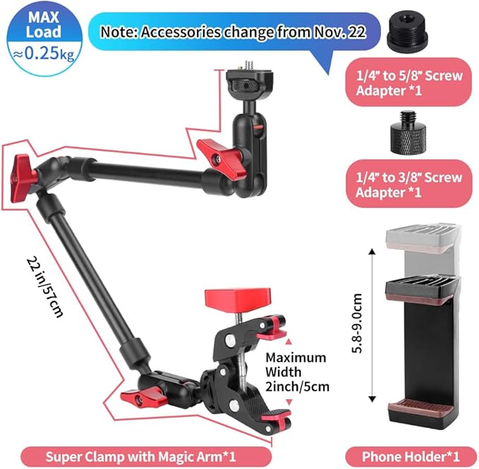 22" Magic Arm w Clamp Mount, Overhead Desk Phone Mount Stand, Adjustable Articulating Friction Camera Boom Arm w 1/4" Thread for Phone Video Light Webcam Action Camera Tripod Mic