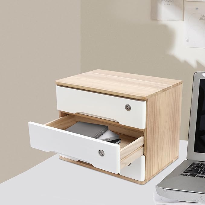 Wood Desk Organizer with 3 Drawers, Lockable Desktop Countertop Storage Cabinet for Home Office Supplies File Tabletop Organizing Unit, 15.75" x 11.02" x 12.2" (Wood)