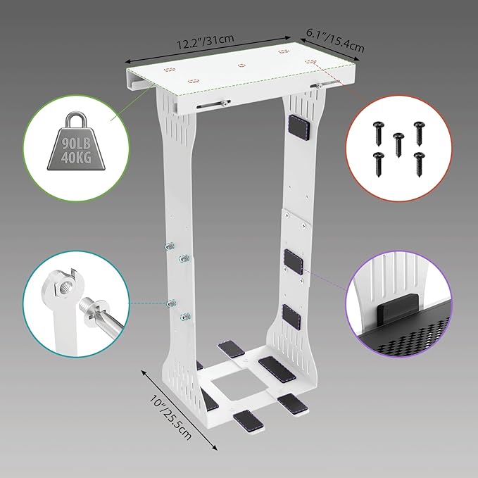KEEGH Heavy Duty Under Desk PC Mount Adjustable Under Desk Computer Mount Supports Up to 90 lbs PC Mount with Secure Locking for Standing Desk, White