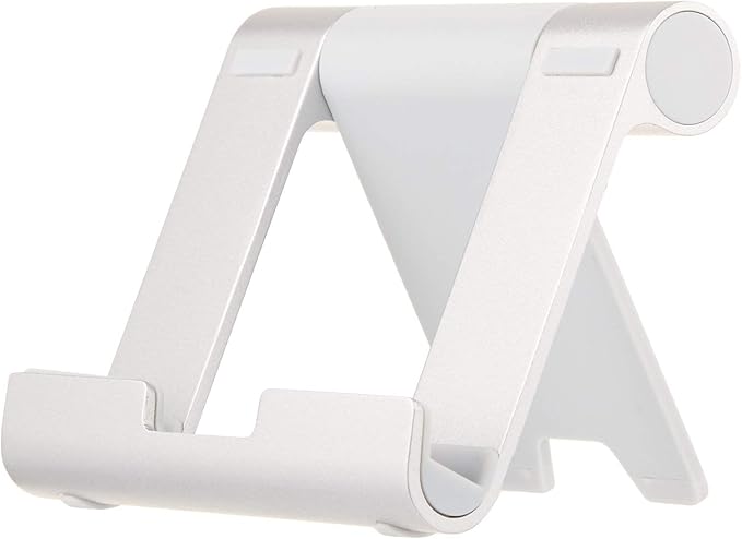 Amazon Basics Multi-Angle Portable Foldable Stand for Tablets, E-readers and Phones, Non-Slip Desktop Holder for iPads, iPhones, Kindles, Hands-Free Viewing - Silver