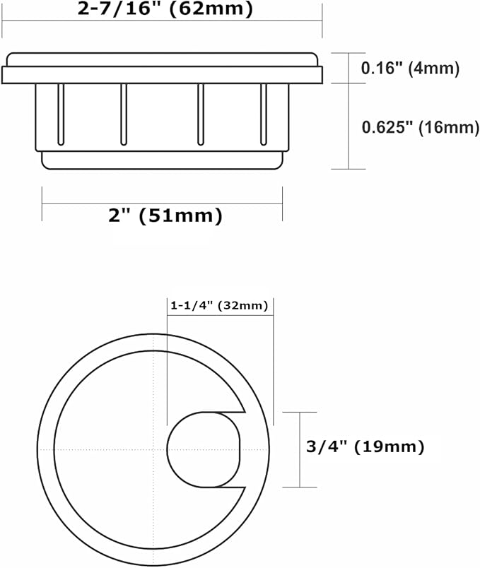 2 Pack Rok Hardware 2" (51mm) Black Round Computer Desk Table Port Wire Cable Cord Organizer Hole Cover Grommet, ROKRG2BLK