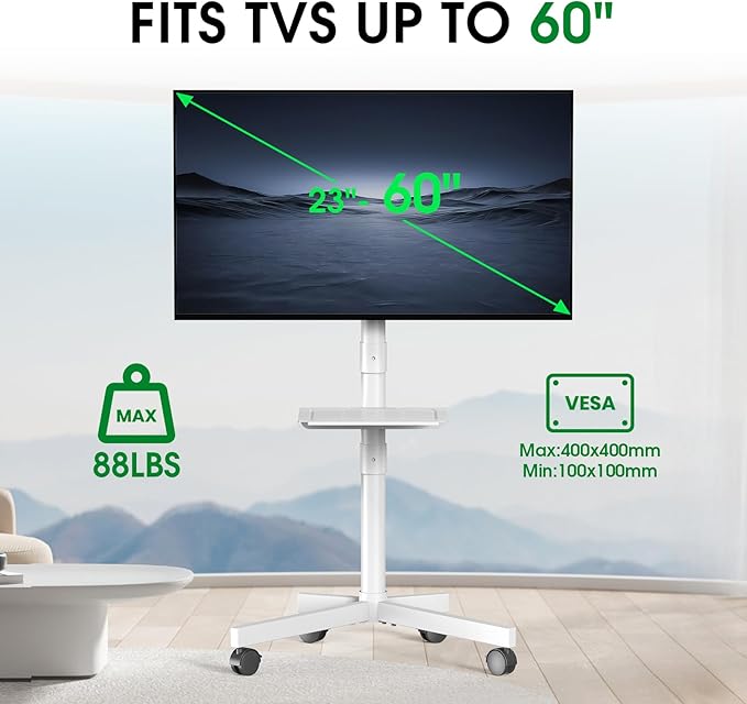 Mobile TV Cart Rolling TV Stand for 23-60 Inch LCD LED Flat Curved Screens up to 88 lbs, Height Adjustable Portable TV Stand on Wheels with Shelf, Outdoor TV Stand Mount, Max VESA 400x400mm, White
