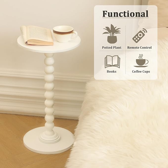 Fultyle Round Side Table, Small Drink Table for Small Spaces, Modern Accent End Table Nightstand with Solid Wood Leg for Living Room, Bedroom, Corners, and Office (White)