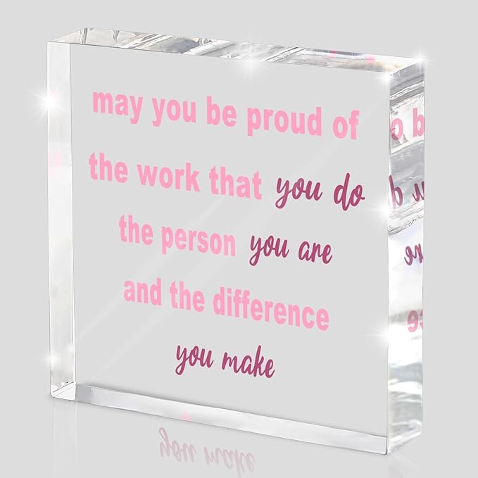 Appreciation Gifts for Women Coworkers - 4 Inch Pink Acrylic Desk Decor with Inspirational Quote - Thank You Farewell Goodbye Gift for Employees, Office Desk Decor