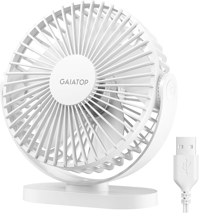 Gaiatop USB Desk Fan, 5.5 Inch Small Quiet Powerful 3 Speeds 90° Rotate, Personal Mini Portable Desktop Table Fans, Cooling for Home Office Car Travel Indoor Outdoor White