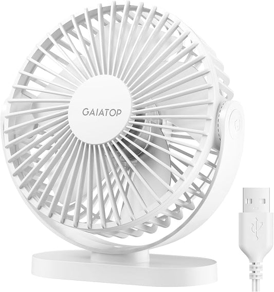 Gaiatop USB Desk Fan, 5.5 Inch Small Quiet Powerful 3 Speeds 90° Rotate, Personal Mini Portable Desktop Table Fans, Cooling for Home Office Car Travel Indoor Outdoor White