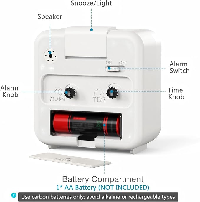 AMIR Analog Silent Non Ticking Small Clock, Travel with Snooze & Light, Ascending Beep Sounds, Battery Operated Loud Alarm Clock for Bedroom (White)