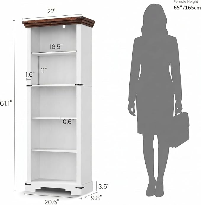 5-Tier Farmhouse Bookshelf, 61.1 inch Tall Bookcase with Storage & Unique Design & One Adjustable Shelf, Wooden Bookshelf for Study Room, Living Room, Home Office, Bedroom (White)