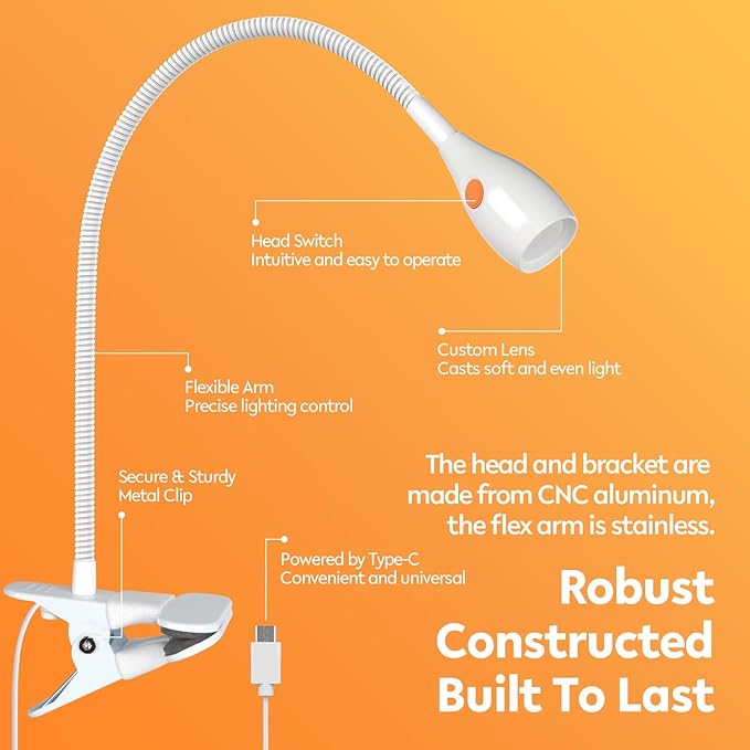 acegoo Minimalist Reading Light for Bed Headboard Dimmable White Book Light Clip on Lamp with USB-C Adapter, Flexible Neck & Handy Lamp Head Switch, CRI 90+