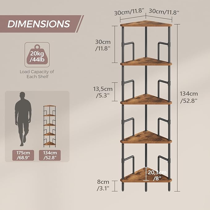 MAHANCRIS 52.8" Corner Shelf, 5-Tier Industrial Corner Bookshelf with Metal Frame, Small Plant Stand, Display Shelf for Living Room, Bedroom, Home Office, Small Spaces, Rustic Brown CSHR5501