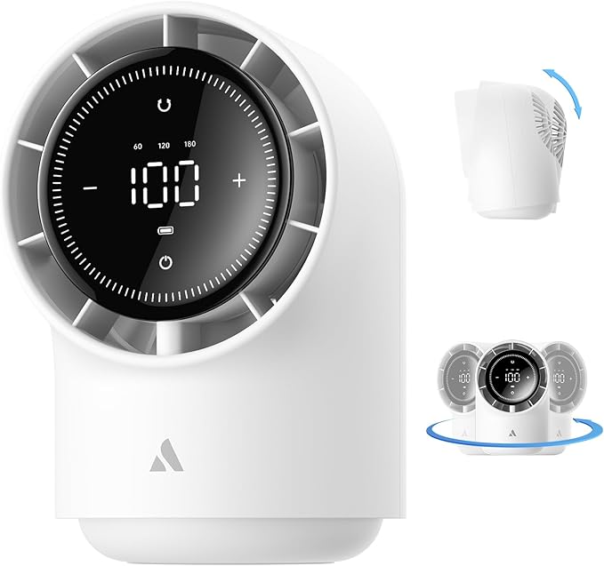 Aecooly Touch Control Desk Fan, 100 Speeds Quiet Bedroom Digital Display 8000mAh 3 Oscillation Angles Battery Powered Small Desktop Table Fan for Bedroom, Bedside, Office, Travel -White