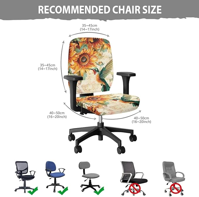 GLENLCWE Hummingbird Sunflower Stretch Desk Office Chair Seat Covers,Universal 2 Pack Computer Chair Slipcovers Washable Backrest Coverings and Cushion Covers