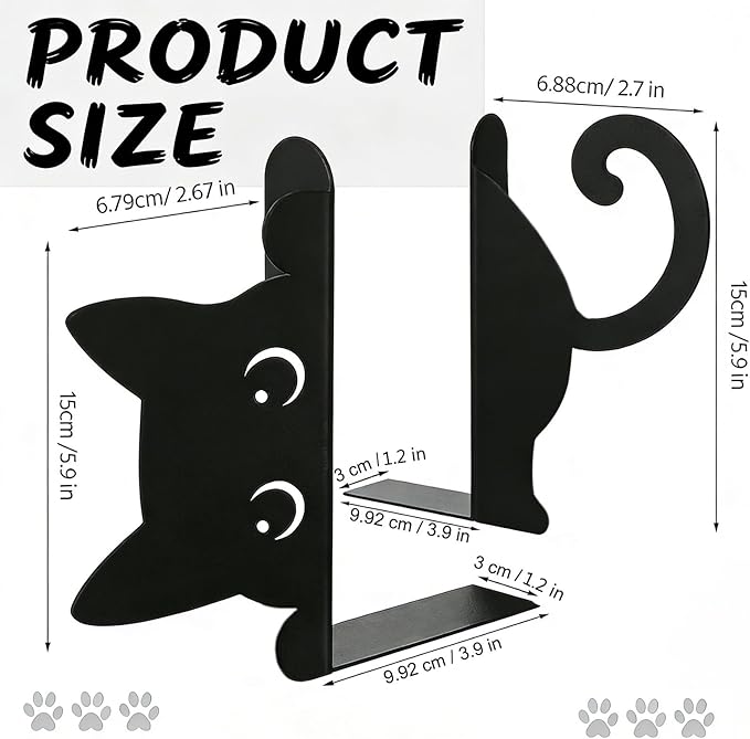Peekaboo Cat Bookends for Shelves, Cute Black Metal Decorative Book Ends, Heavy Duty Rustproof Book Stoppers for Home Office & Study Desk, Ideal Gift for Cat Lovers & Book Lovers