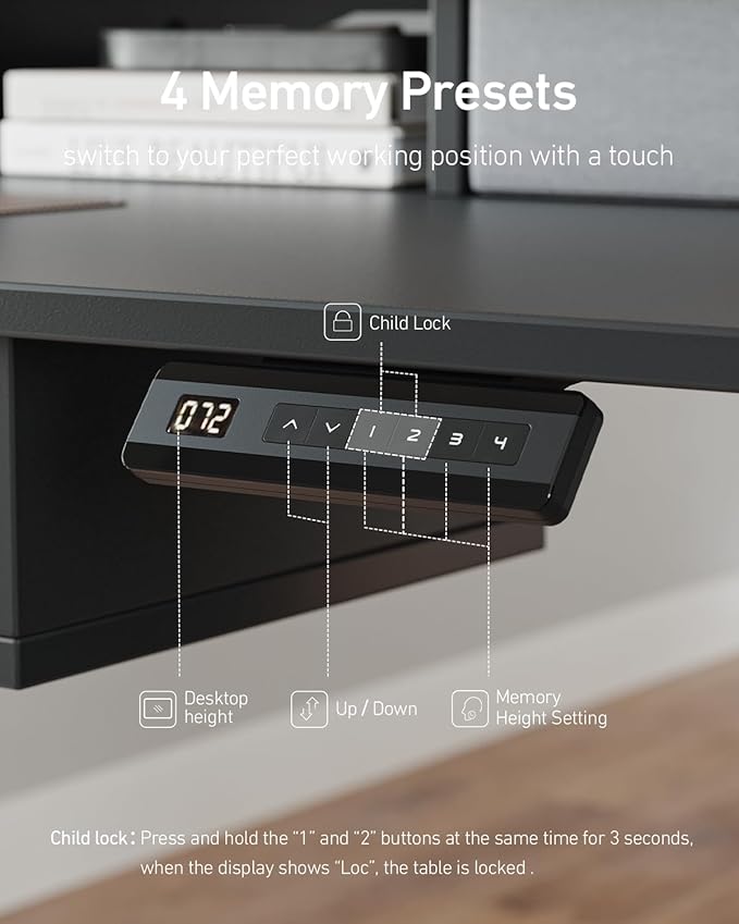 FEZIBO 55 x 30 inch Standing Desk with Drawers, Height Adjustable Electric Workstation, Computer Sit Stand Up Table with Large Storage Shelf 4 Drawers and 2 Hooks, Black