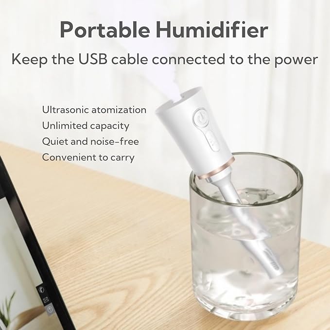 Portable Small Humidifier Dual Nozzle - Large Cool Mist Humidifiers Double Spray Ports, Water Shortage Protection, Ultra-Quiet, Mini Humidifier for Bedroom Plants Office Car Travel (White)