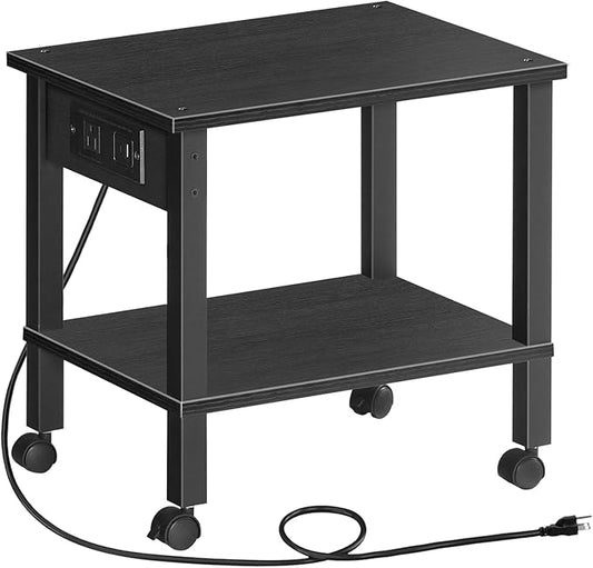 HOOBRO 2-Tier Printer Stand with Charging Station, Under Desk Printer Table, Printer Cart with Storage Shelves, Shelf for Small Spaces, for Home Office, Black BK38UPS01