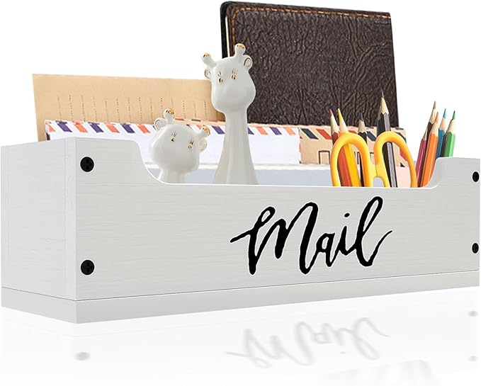 White Wooden Mail Organizer Countertop - Mail Organizer Wall Mounted, Office Mail Holder, Desktop Mail Basket for Counter, Letter Holder Box for Home Office Decor (White +Black Mail, 3.15")